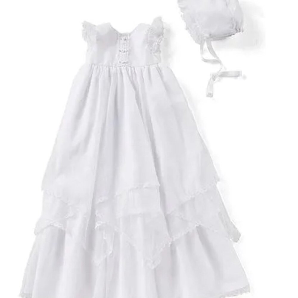 Pippa and Julie Tiered Hem Christening Gown Set with Bonnet - Size 3-6 Months